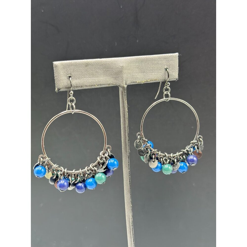 3/$30 Gunmetal Tone Hoop Earrings Blue Green Bead Cluster Dangle Pierced